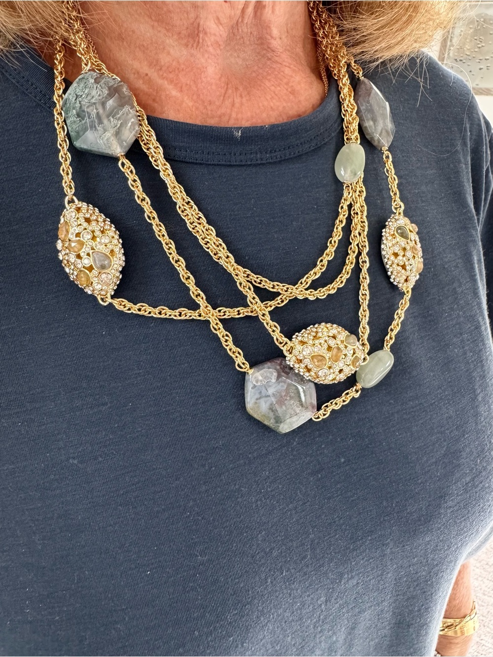 Alexis Bittar Gold Multi-Strand Necklace with Green and Gray Gemstones